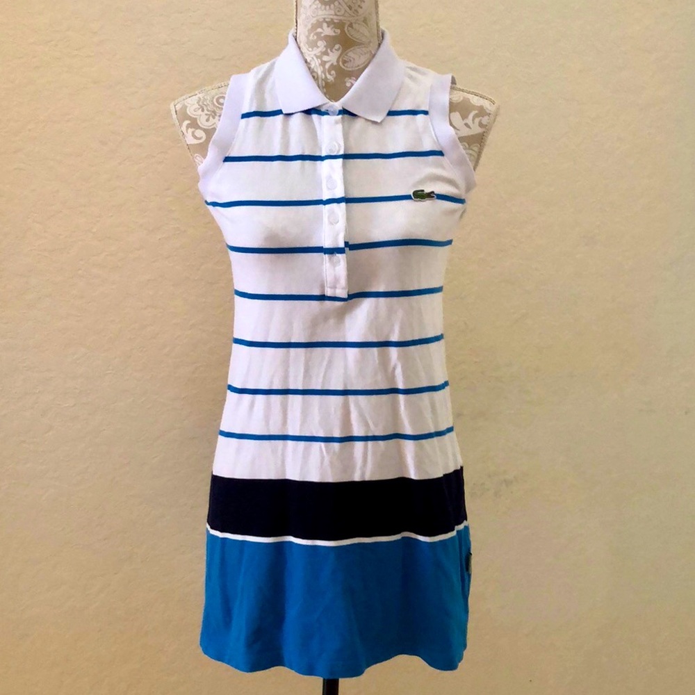 Lacoste White Blue Striped Sleeveless Polo Dress